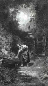 Dirndl Am Brunnentrog Auf Der Waldlichtung by Willy Moralt
