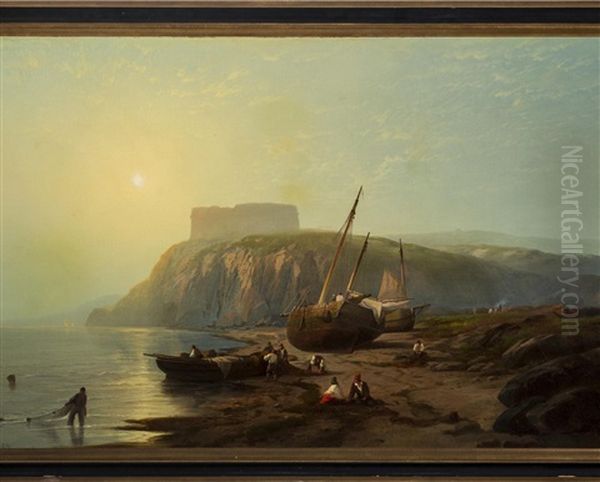 Fisherman On A Coast At Daybreak - view 1