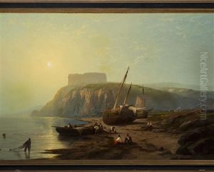 Fisherman On A Coast At Daybreak by Edward Moran