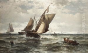Fishing Boats In A Stormy Sea by Edward Moran