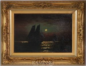 Ships In Harbor, Moonlight On The Hudson by Edward Moran