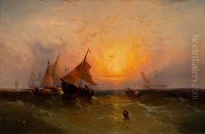 Ships At Sunset (new York Harbor Sunset) by Edward Moran