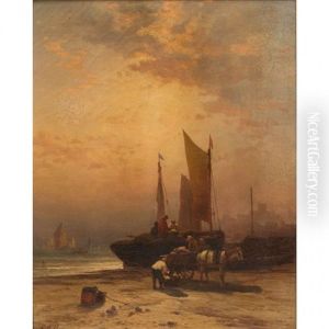 Unloading The Boat, Sunset by Edward Moran