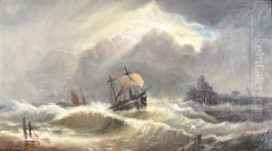 Ships In A Stormy Sea by Edward Moran