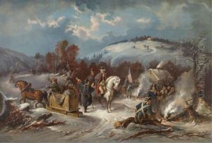 Winter Scene With Washington On A White Horse And Soldiers Around A Fire, With Horse Drawn Sled And Distant Landscape