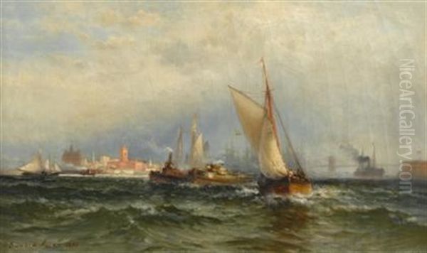 Steamships And Sailing Boats In New York Harbor - view 1