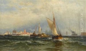 Steamships And Sailing Boats In New York Harbor