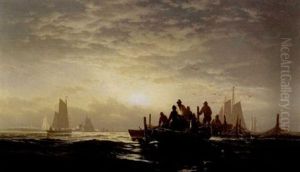 Lifting The Fish Pound, Orient Bay, Long Island, New York by Edward Moran