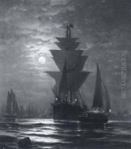 New York Harbor At Moonlight by Edward Moran