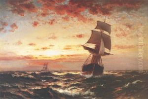 Ships On Choppy Water At Sunset by Edward Moran