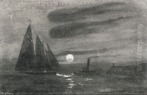 Boats Along The Coast, Sunset by Edward Moran