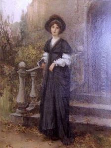 A Young Woman Standing At The Steps Of A Cathedral Holding A Book by Edward Percy Moran