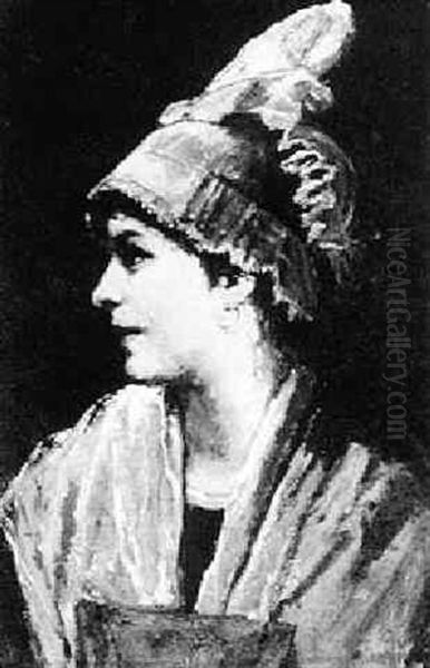 Portrait Of A Young Beauty With A Golden Earring And Lace Bonnet - view 1