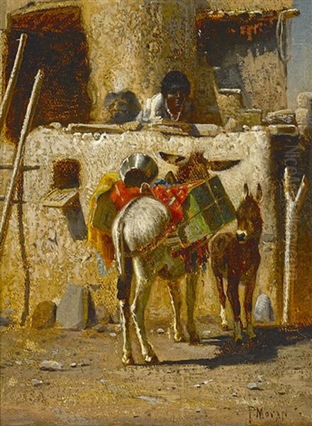 Burros And Indian Child, Pueblo Scene - view 1