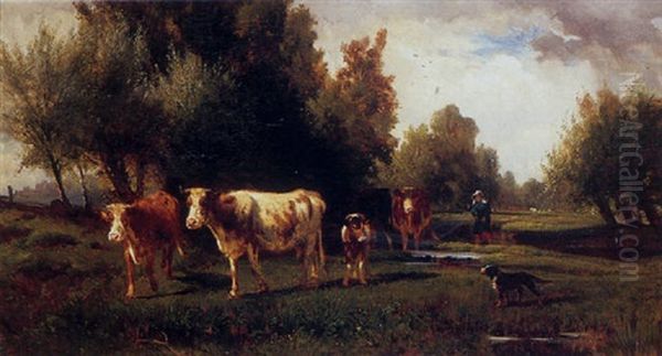A Woman And Her Dog Leading Cows Across A Stream - view 1