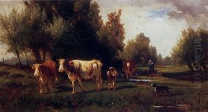 A Woman And Her Dog Leading Cows Across A Stream by Peter Moran