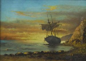Ship Run Aground At Sunset by Thomas Moran