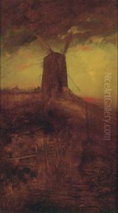 Windmill At Sunset by Thomas Moran