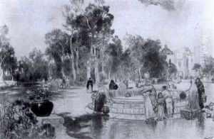 Women At Fountain Plaza, Vera Cruz, Mexico by Thomas Moran