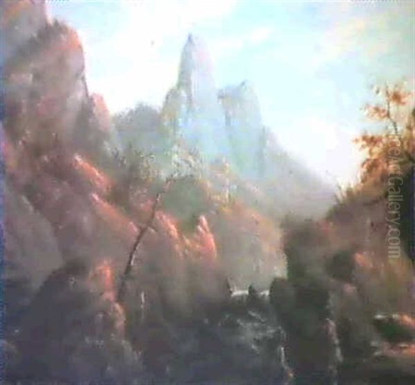 Mlountain Scene With Waterfalltrapper And Indian - view 1