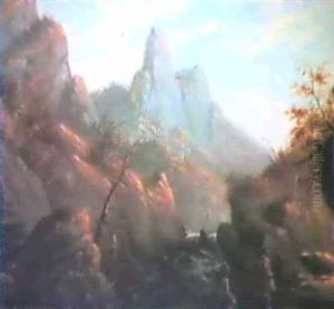 Mlountain Scene With Waterfalltrapper And Indian by Thomas Moran