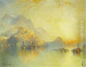 A Hillside Village At Sunset by Thomas Moran