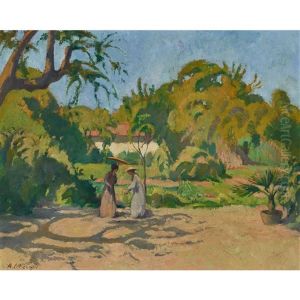 Sonniger Garten Mit Zwei Frauen Unter Dem Sonnenschirm by Arthur Morard