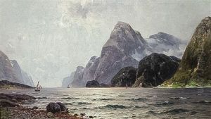 Norwegische Fjordlandschaft Mit Dampfer Und Segelbooten Norwegische Fjordlandschaft Mit Dampfer Und Segelbooten