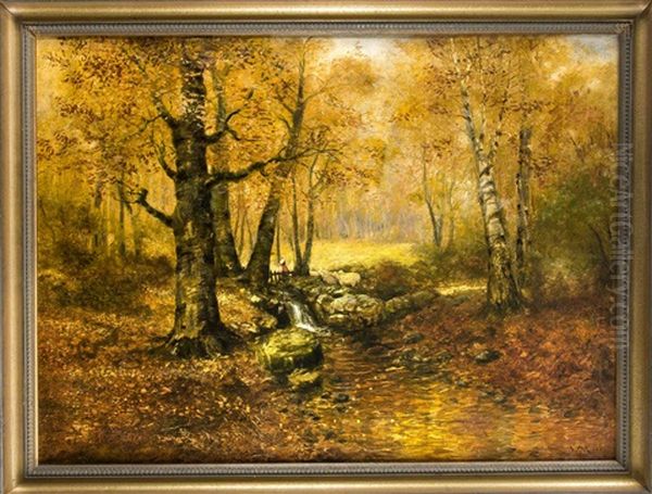 Herbstliches Waldstuck Mit Bachlauf Und Staffagefigu - view 1