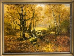 Herbstliches Waldstuck Mit Bachlauf Und Staffagefigu by Walter Moras
