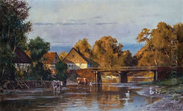 Stimmungsvolle Herbstlandschaft Mit Bauernhausern Am Flus - view 1