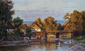 Stimmungsvolle Herbstlandschaft Mit Bauernhausern Am Flus by Walter Moras