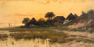 Gehoft Am Bodden Im Sonnenuntergang