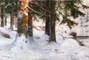 A Snowy Wooded Landscape by Walter Moras