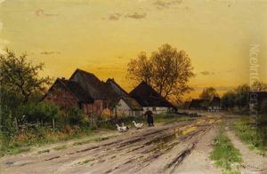 Bauerin Mit Drei Gansen Im Abendlicht Auf Der Dorfstrase