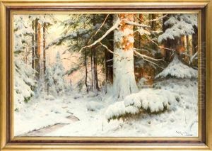 Stimmungsvolles, Verschneites Waldstuck Im Abendlicht Mit Bachlauf by Walter Moras