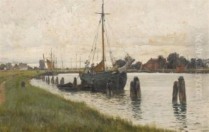 Flussufer Mit Segelschiff In Norddeutschland