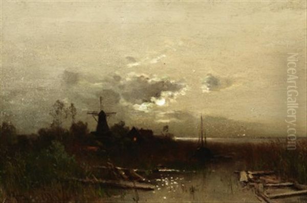 Abendfrieden. Auenlandschaft Mit Windmuhle Im Mondschein - view 1
