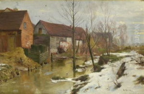 Bauernhauser Am Fluss Bei Schneeschmelze - view 1