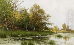 Feldlandschaft Mit Kleinem Teich Am Waldrand by Walter Moras