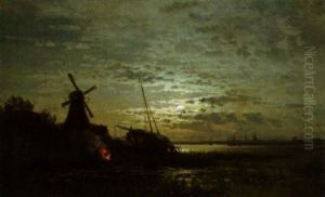 Mondaufgang An Der Hollandische Kuste- Am Ufer Fischer Am Offenen Feuer by Walter Moras