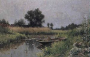 Sommarlandskap Med Bat Vid Vattendrag Sommarlandskap Med Bat Vid Vattendrag