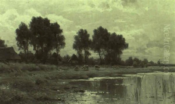 Kuhe Am Weiher In Norddeutscher Landschaft - view 1