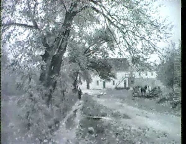 Bauerngehoft, Davor Bauerin, Ganse Und Pferdefuhrwerk - view 1
