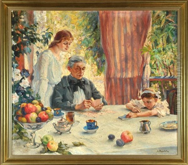 Familienszene Am Tisch Beim Kartenlegen - view 1