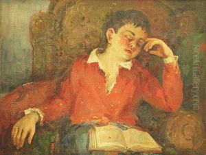 Schlafender Junge Im Sessel, Ein Aufgeschlagenes Buch Im Schos Liegend by Alexandre Victor Moravov