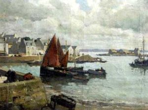 La Voile Rouge Au Port De Treboul by Paul Morchain