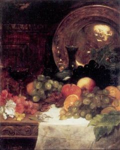 A Still Life With Fruit, Flowers, And A Glass Of Wine On A Table With An Ornamental Plate Behind by Joseph Mordecai