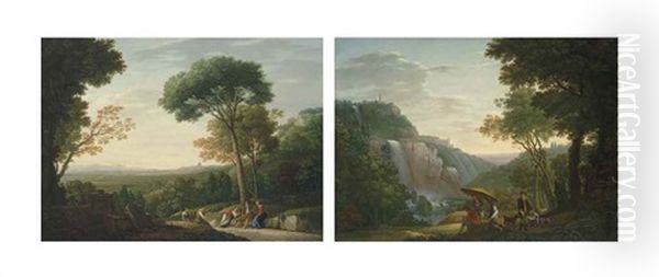 The Campagna Viewed From The North, With Rome In The Distance And Figures In The Foreground; And The Falls At Tivoli And The Villa Of Maecenas, With Figures In The Foreground - view 1