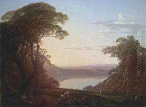 A View Of Lake Albano, Near Rome, With Figures Resting In The Foreground, Castel Gandolfo Beyond A View Of Lake Albano, Near Rome, With Figures Resting In The Foreground, Castel Gandolfo Beyond